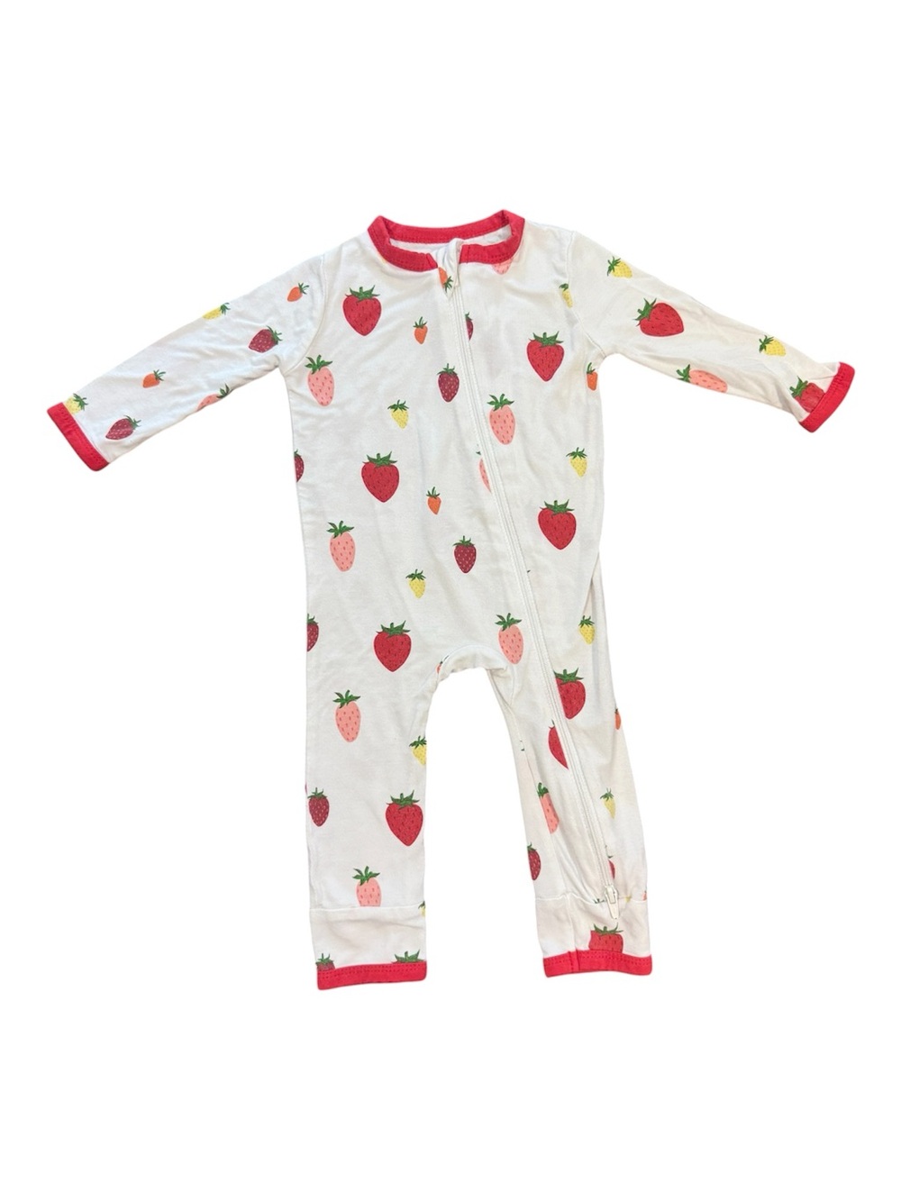 Kyte BABY White Strawberry Print Romper One-Piece with Red Trim